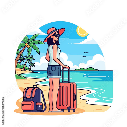 Stylish beach vacation, a young woman ready for a tropical seaside getaway trip dream