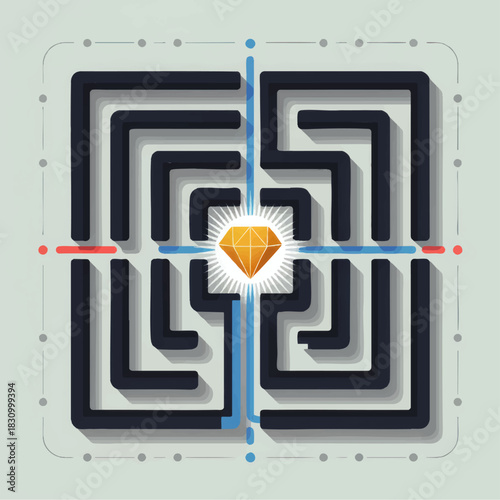 Golden diamond at center of complex maze, flat vector illustration of goal achievement, strategy, success and problem solving concept