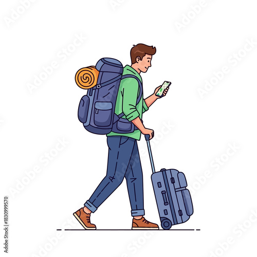 Adventurous traveler with backpack and luggage navigates with phone for exploration adventure