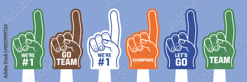 Colorful Foam Finger Outline Illustration Showing Number One Gloves With Raised Hands And Cheering Crowd Elements In Clean Line Art Style For Sports Supporter Graphics And Fan Sign Design