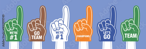 Colorful Foam Finger Outline Illustration Showing Number One Gloves With Raised Hands And Cheering Crowd Elements In Clean Line Art Style For Sports Supporter Graphics And Fan Sign Design