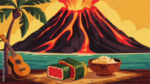 Tropical island volcano eruption with Hawaiian food, ukulele and palm tree by ocean in colorful summer travel illustration