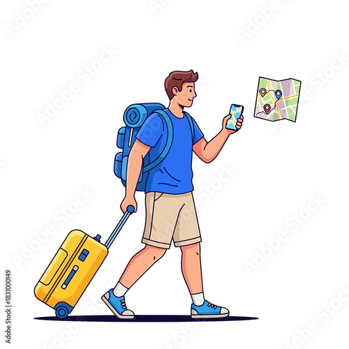 Illustrated traveler navigating with phone and map, exploring unknown destinations with wheeled