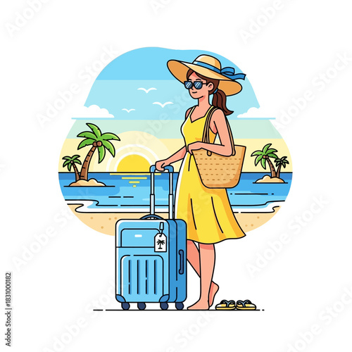 Cartoon traveler enjoying a tropical vacation with suitcase by the ocean coastline scene