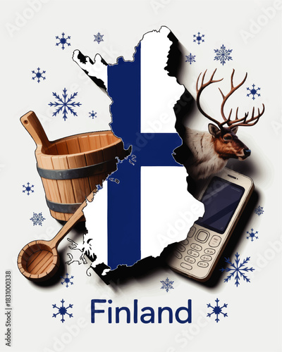Finland travel illustration with map flag reindeer sauna bucket ladle snowflakes and vintage mobile phone on light background