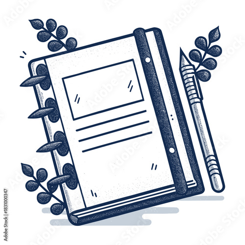 Blank notebook planner with pen and leaves on a white background  