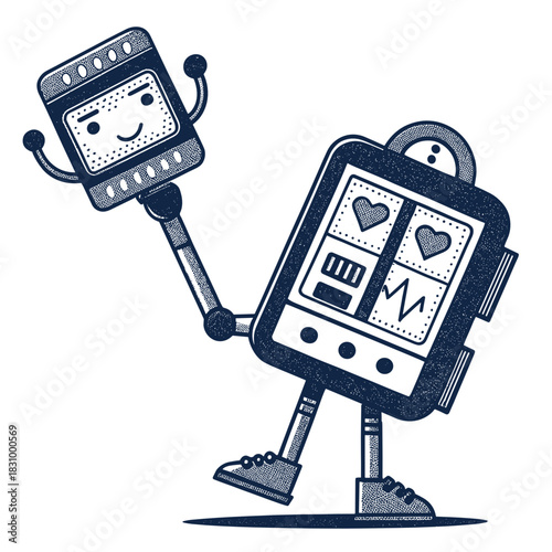 Playful robot holding a smartwatch with cheerful expression in blue tones  