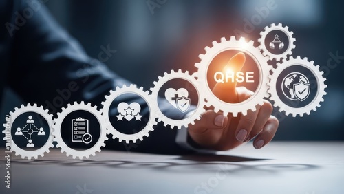 Quality Health Safety and Environment QHSE concept represented by gears with icons