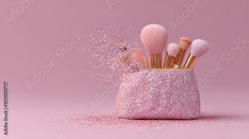 A dazzling pink makeup bag overflows with brushes and cosmetics, creating a stunning glitter splash against a soft pastel pink setting. The design captures a feminine and glamorous vibe