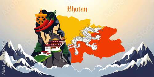 Bhutan travel illustration with Tiger Nest monastery, Himalayan mountains, chili peppers and white dragon on Bhutan flag map