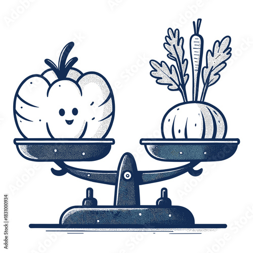 Cheerful vegetables balanced on kitchen scale representing New Year, New Me  