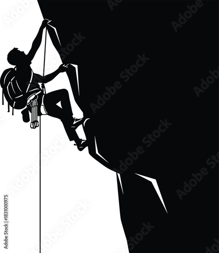 Dramatic Black Silhouette Vector Illustration of a Man Rock Climbing a Steep Cliff Face with Rope and Gear, Ideal for Adventure, Extreme Sport, and Challenge Graphics