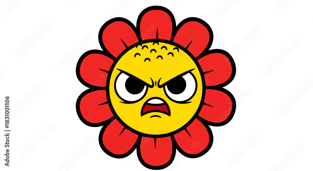 Fototapeta premium A furious flower character radiating anger and frustration against a white canvas backdrop