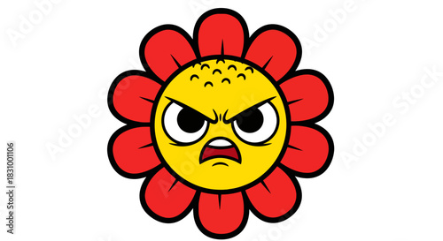 A furious flower character radiating anger and frustration against a white canvas backdrop