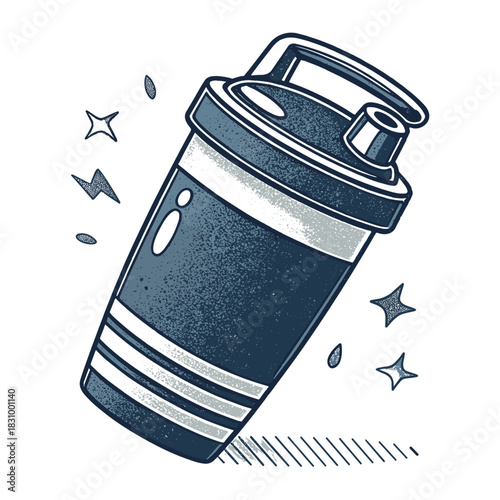 Protein shaker bottle with lid in dynamic sketch style for fitness  