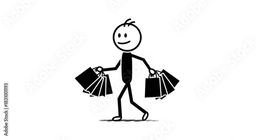 A simple stick figure character joyfully carrying numerous shopping bags in both hands