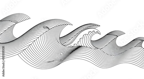 Abstract waves illustration in black and white featuring stylized linear patterns, creating a