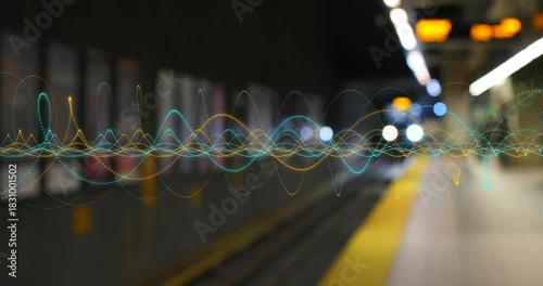Multicolor waveform reacting to approaching light, rising peaks and shifting to show train approach