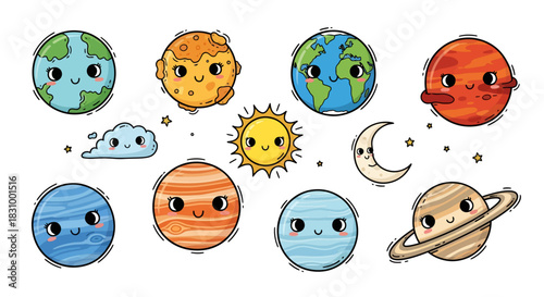 Adorable cartoon planets with happy expressions floating in space concept image