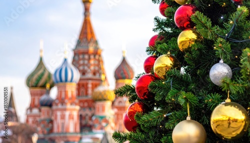 Festive Christmas tree with colorful ornaments in front of St Basils Cathedral Moscow.