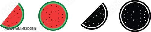 Watermelon icon set. cross section with seeds. Sweet dessert and refreshment signs.  Fresh and juicy watermelons. summer fruit symbol
