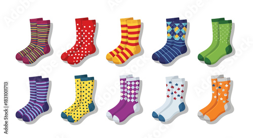 An array of socks showcases unique designs, patterns and vibrant colors displayed on white