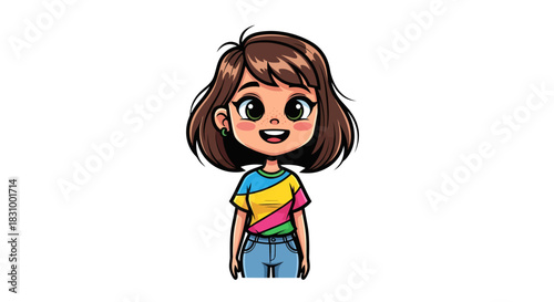 Animated cartoon girl with brown hair and vibrant clothing smiling warmly illustration