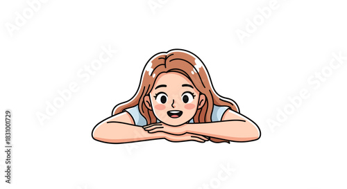 Animated character with wavy hair lying on arms while looking towards viewer