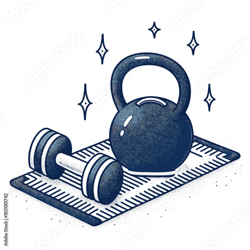 Kettlebell and dumbbell on gym mat with sparkling details for fitness  