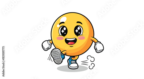 Animated emoji character on the move with sneakers and cheerful expression concept