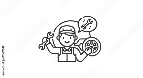 Automotive Technician Cartoon Illustration Emphasizing Vehicle Maintenance and Repair Service for
