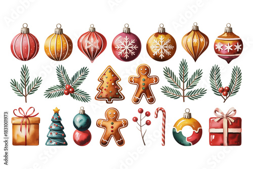 Hand-Painted Warm Holiday Illustration Set Featuring Classic Seasonal Icons, Vintage Style