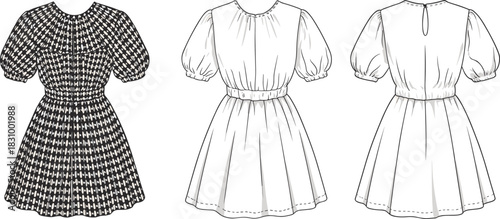 Houndstooth puff sleeve dress sketch, gathered waist, keyhole back, cad drawing flat vector illustration, front back view