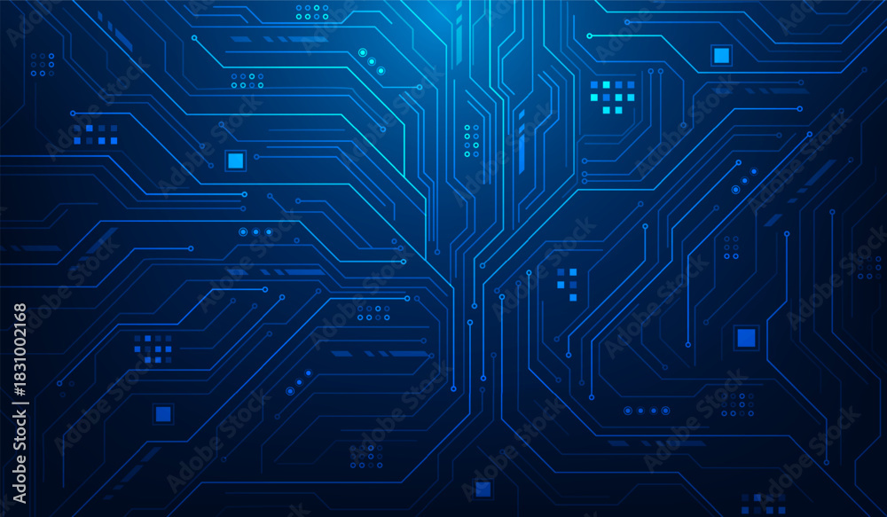 Obraz premium computer chip ai cyber line circuit technology on blue background. artificial intelligence cpu processor motherboard top view. vector illustration fantastic technology