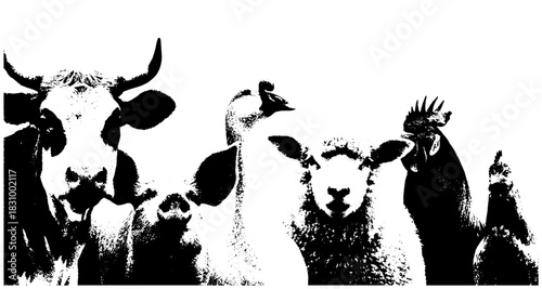 Vintage Xerography Farm Animals Silhouettes, Rustic Barnyard Illustration, Black White Engraving Vector on Transparent Background