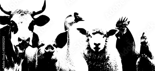 Vintage Xerography Farm Animals Silhouettes, Rustic Barnyard Illustration, Black White Engraving Vector on Transparent Background