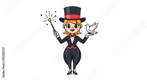 Captivating cartoon magician girl performing with a magic wand and a dove isolated on white