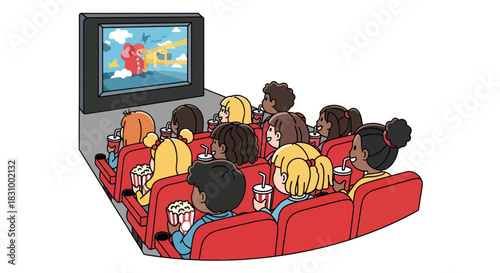 Captivating cartoon illustration of children enjoying a vibrant movie in the cinema setting