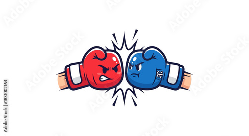 Cartoon boxing gloves colliding with fierce expressions in a playful competition scene