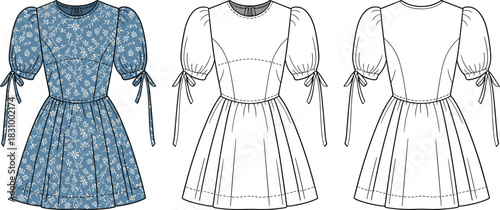 Puff sleeve floral dress sketch, princess seam and gathered skirt detail, front view illustration set, cad drawing flat vector illustration