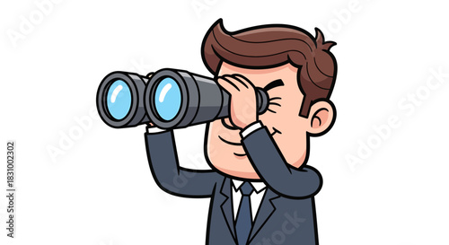 Cartoon businessman using binoculars, illustrating foresight and strategic vision concept