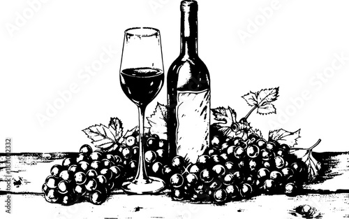 Vintage Engraving Wine Bottle, Glass and Grapes, Rustic Vineyard Illustration, Classic Vector Clipart on Transparent Background