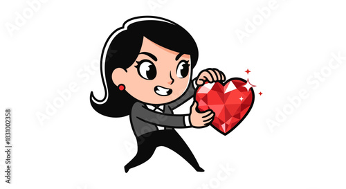 Cartoon businesswoman proudly holds a gleaming red heart, showcasing affection and success