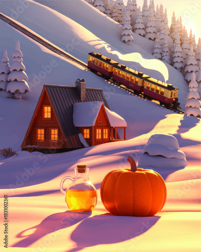 Cozy winter cabin in snowy mountains with pumpkin and lantern at sunset, festive holiday landscape with train and warm orange light