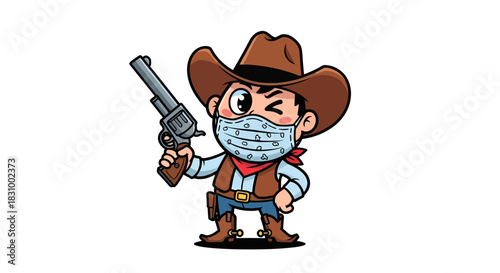 Cartoon cowboy wearing medical mask holding a gun in the wild west era character