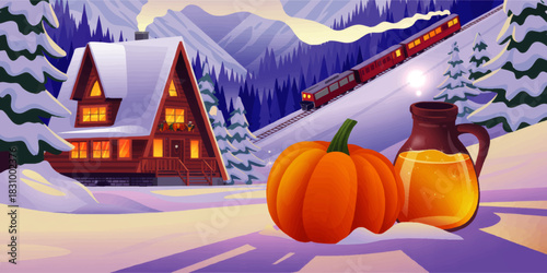Cozy winter cabin in snowy mountain landscape with pumpkin spice drink and holiday train at sunset, festive vector illustration