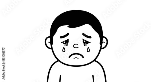 Cartoon depiction of a boy expressing sadness with visible tears and a downcast mouth shape