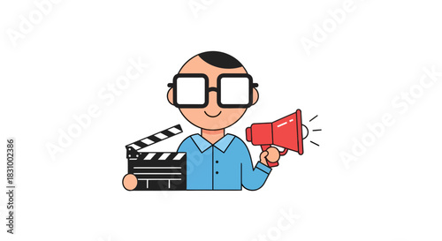 Cartoon director with clapperboard and megaphone ready to yell action on film set