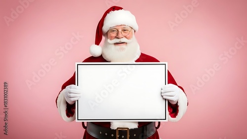 Santa Claus holding blank sign on pink background, Christmas mockup