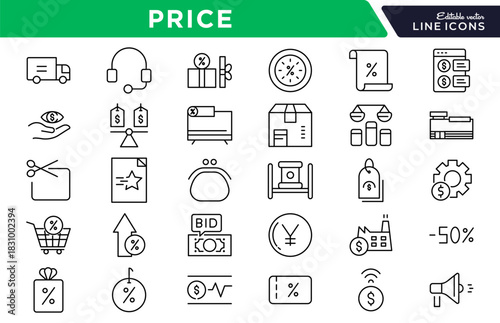 Price Line Icon Set. Price tag, discount, sale, cost, currency, billing, invoice, payment, shopping, e-commerce, money, wallet, finance, offer, promotion icon vector illustration. Pixel-perfect stroke